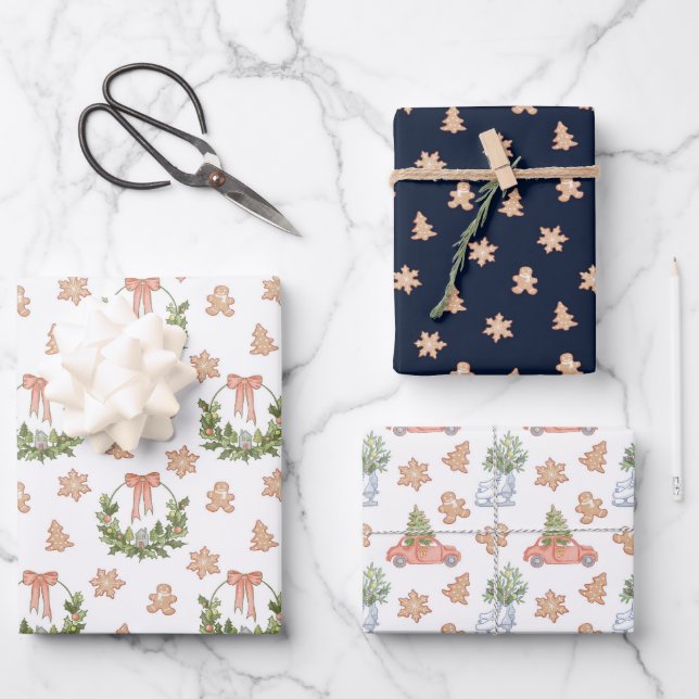 Festive Christmas Wreath Trees and Gingerbread  Wrapping Paper Sheets (Front)