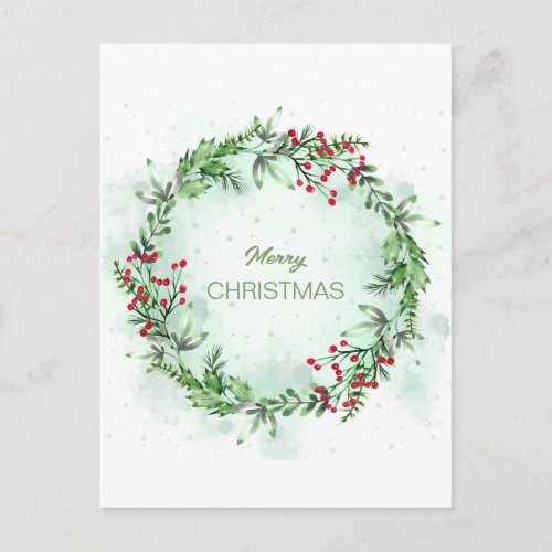 Festive Christmas Wreath Watercolor Holiday Postcard