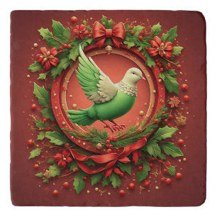Festive Christmas Wreath With Green Dove Trivet