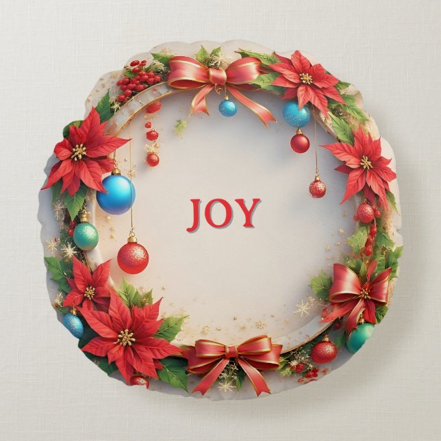 Festive Christmas Wreath with Red Poinsettias Round Pillow (Front)