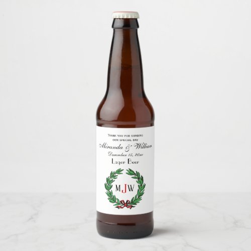 Festive Christmas Xmas Holly Wreath Monogram Beer Bottle Label