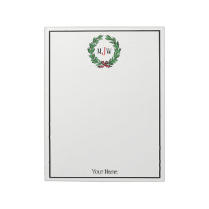 Festive Christmas Xmas Holly Wreath Monogram Notepad