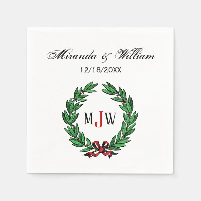 Festive Christmas Xmas Holly Wreath Monogram Paper Napkins (Front)
