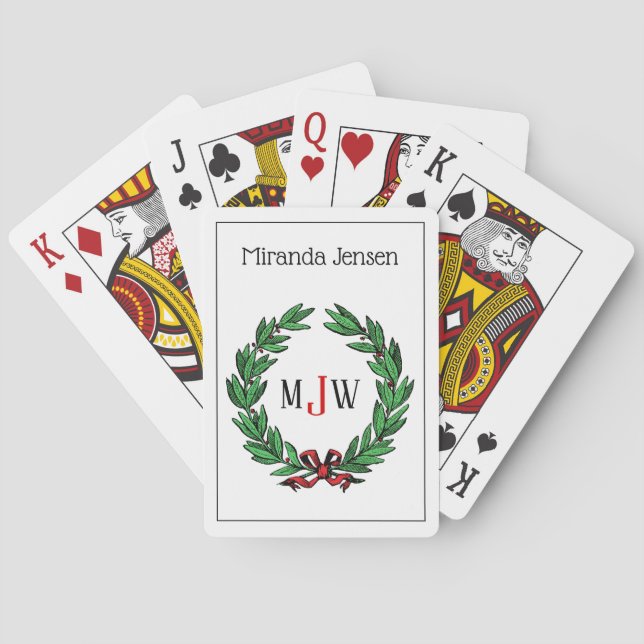 Festive Christmas Xmas Holly Wreath Monogram Poker Cards (Back)