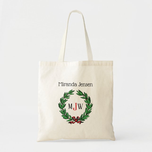 Festive Christmas Xmas Holly Wreath Monogram Tote Bag (Front)
