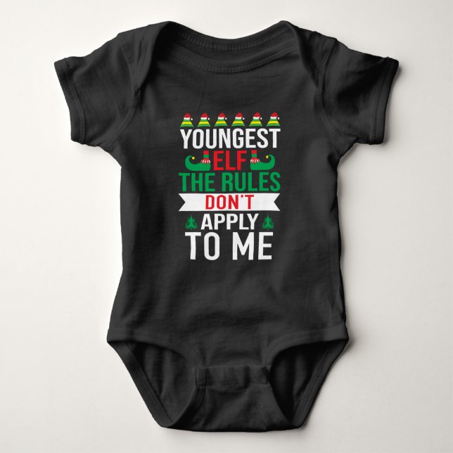 festive Christmas youngest elf word art Baby Bodysuit (Front)