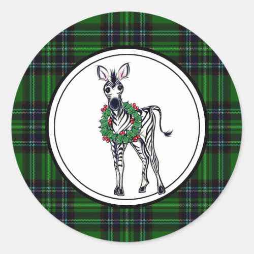 Festive Christmas Zebra green plaid holly wreath Classic Round Sticker