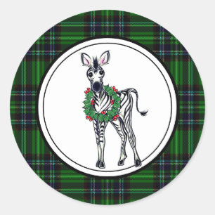 Festive Christmas Zebra, green plaid, holly wreath Classic Round Sticker