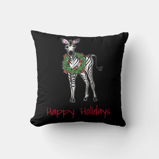 Festive Christmas Zebra, red green Holly wreath  Throw Pillow (Front)