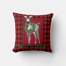 Festive Christmas Zebra, red green Holly wreath 