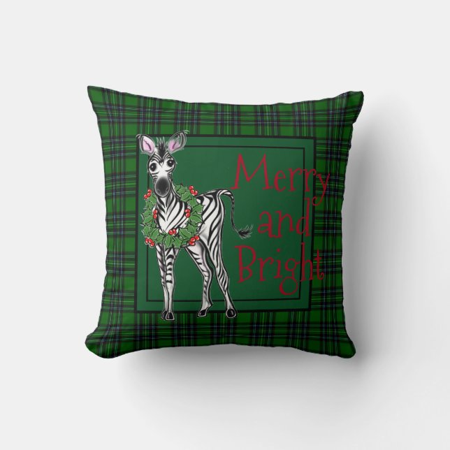 Festive Christmas Zebra, red green Holly wreath  Throw Pillow (Front)