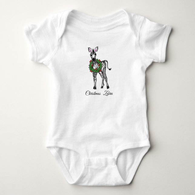 Festive Christmas Zebra, red green wreath Baby Bodysuit (Front)