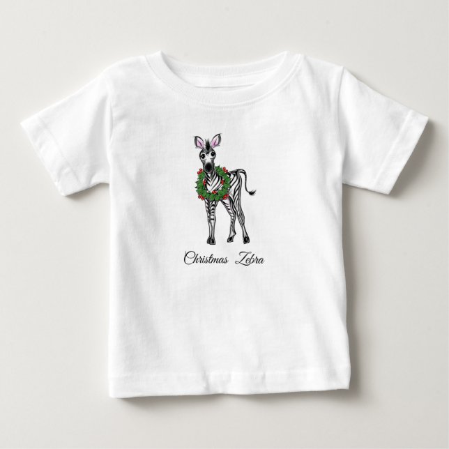 Festive Christmas Zebra, red green wreath Baby T-Shirt (Front)