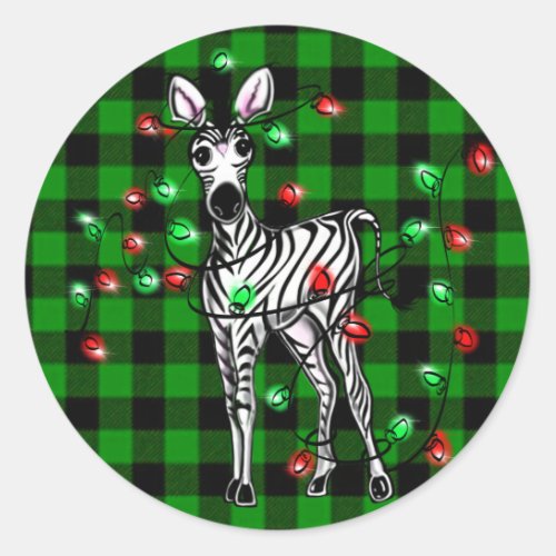 Festive Christmas Zebra red green wreath Classic Round Sticker