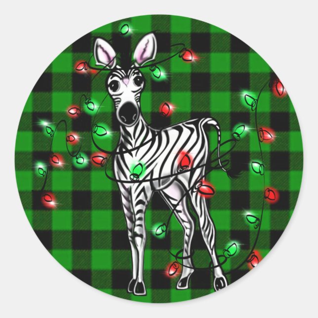 Festive Christmas Zebra, red green wreath Classic Round Sticker (Front)