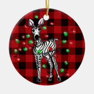 Festive Christmas Zebra, xmas wreath, red plaid Ceramic Ornament