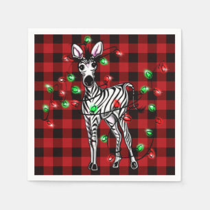 Festive Christmas Zebra, xmas wreath, red plaid Napkins