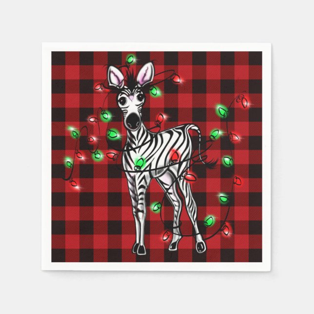 Festive Christmas Zebra, xmas wreath, red plaid Napkins (Front)