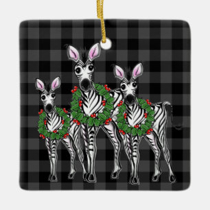 Festive Christmas Zebras, red green wreath Ceramic Ornament