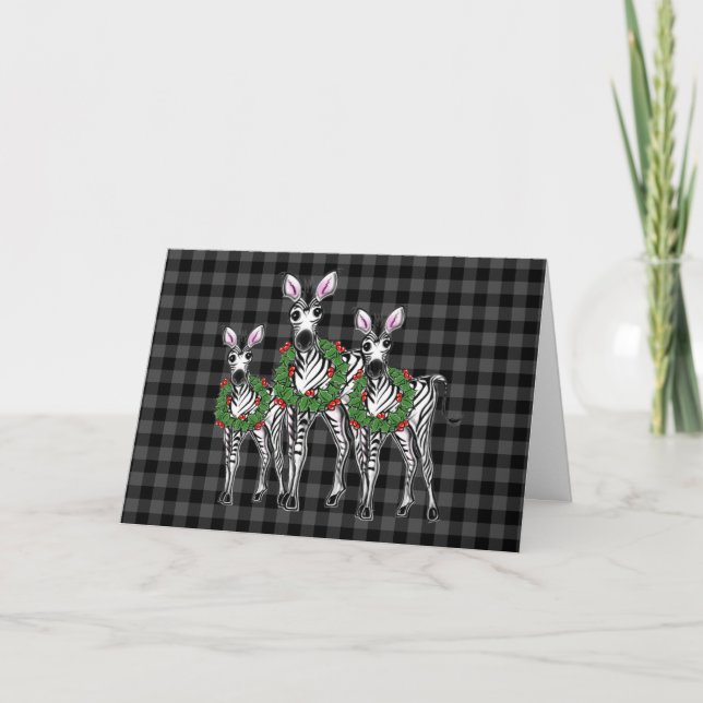 Festive Christmas Zebras, red green wreath Holiday Card (Front)