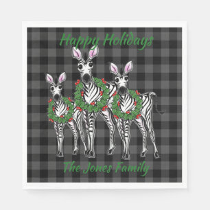 Festive Christmas zebras, xmas wreath, gray plaid Napkins