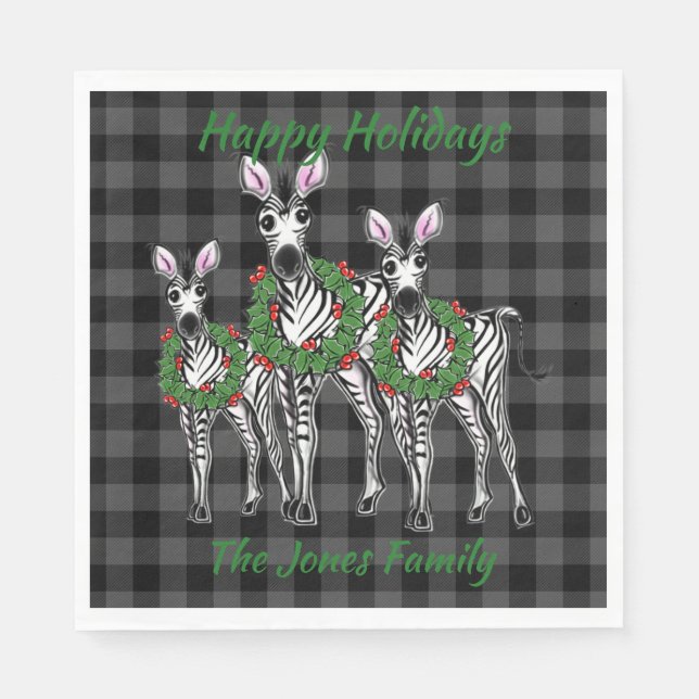 Festive Christmas zebras, xmas wreath, gray plaid Napkins (Front)