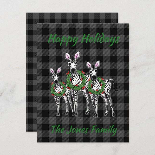 Festive Christmas zebras, xmas wreath, gray plaid Note Card (Front/Back)