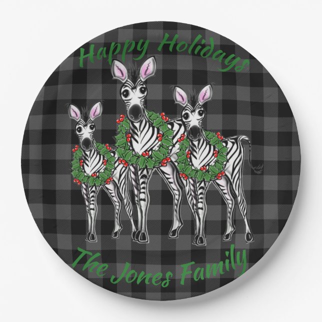 Festive Christmas zebras, xmas wreath, gray plaid Paper Plates (Front)