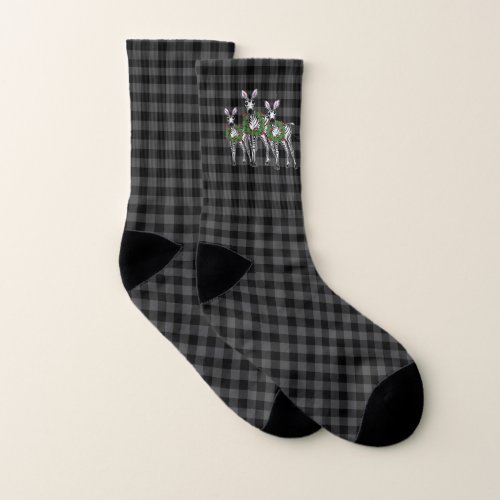 Festive Christmas zebras xmas wreath gray plaid Socks