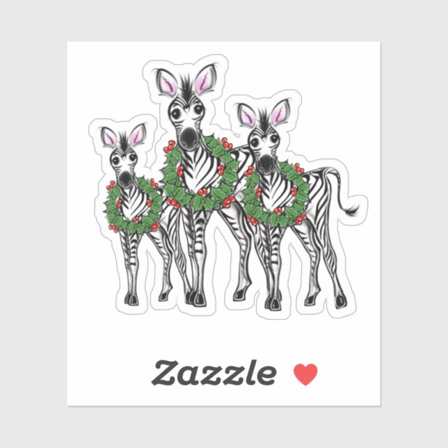 Festive Christmas zebras, xmas wreath, gray plaid Sticker (Sheet)