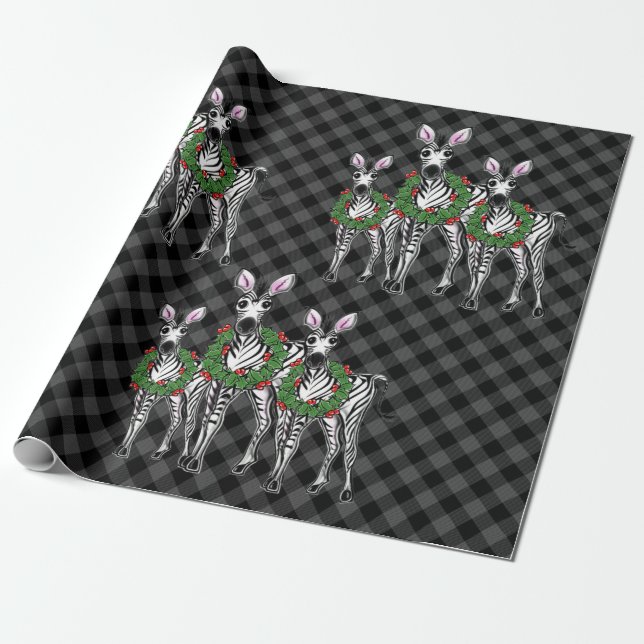 Festive Christmas zebras, xmas wreath, gray plaid Wrapping Paper (Unrolled)