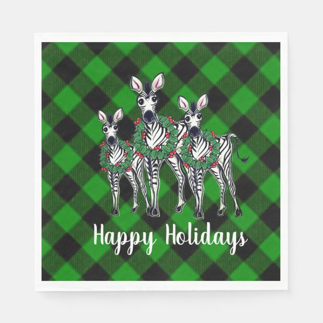 Festive Christmas Zebras, xmas wreath, green plaid Napkins (Front)