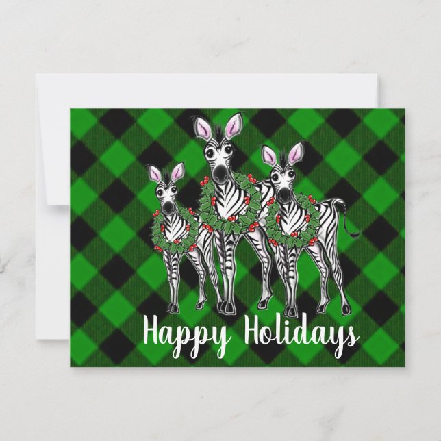 Festive Christmas Zebras, xmas wreath, green plaid Note Card (Front)