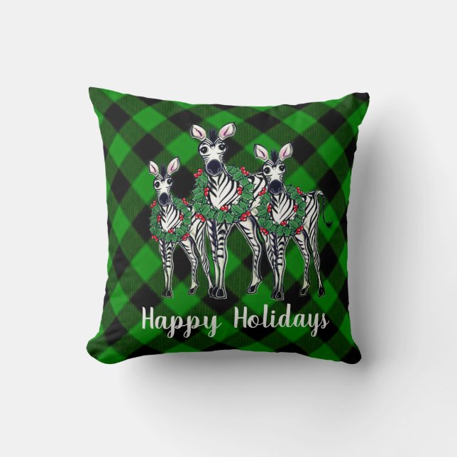 Festive Christmas Zebras, xmas wreath, green plaid Throw Pillow (Front)