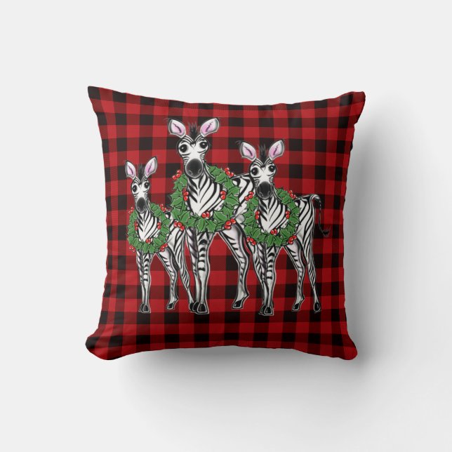 Festive Christmas Zebras, xmas wreath, red plaid Throw Pillow (Front)