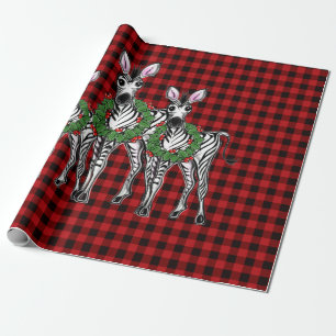 Festive Christmas Zebras, xmas wreath, red plaid Wrapping Paper