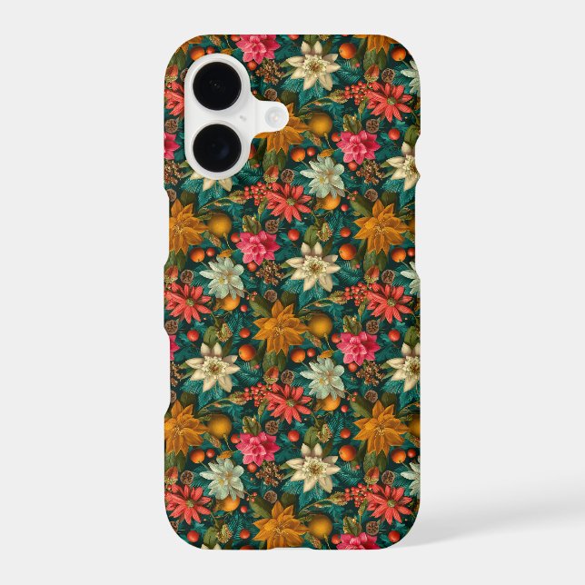 Festive Citrus & Winter Floral Christmas Pattern iPhone Case (Back)