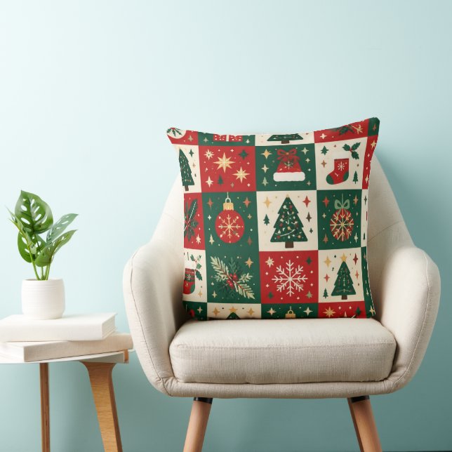 Festive Classic Christmas Patchwork Throw Pillow (Chair)