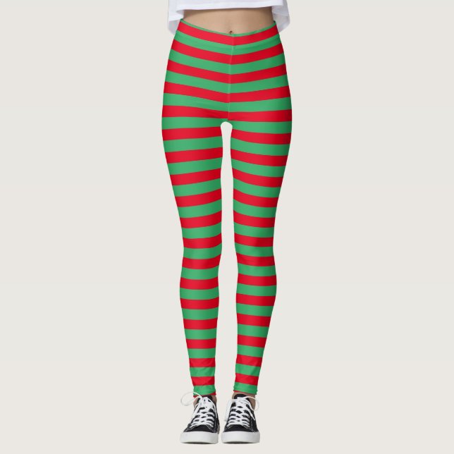 Festive Classic Holiday Red and Green Striped  Leggings (Front)