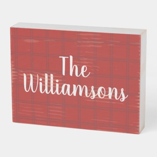 Festive Classic Red Check Family Script Name Wooden Box Sign