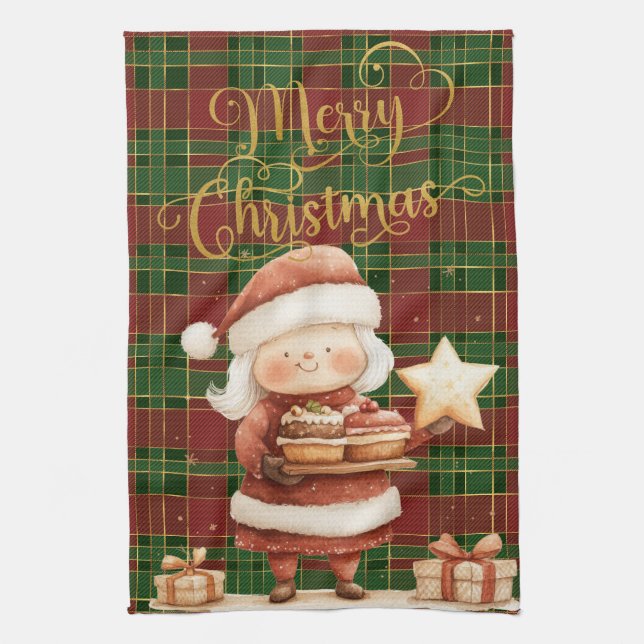 Festive Classic Red Green Gold Tartan Mrs Claus  Kitchen Towel (Vertical)