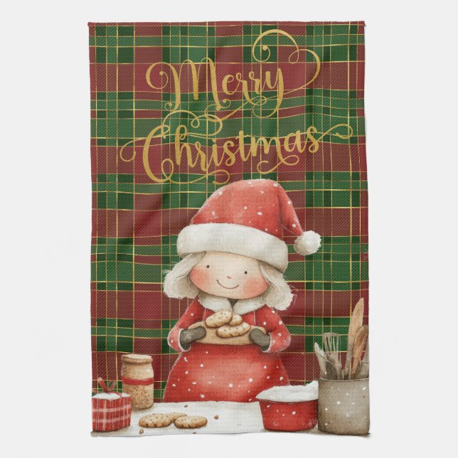 Festive Classic Red Green Gold Tartan Mrs Claus  Kitchen Towel (Vertical)