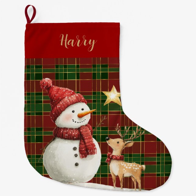 Festive Classic Red Green Gold Tartan Snowman Large Christmas Stocking (Front)