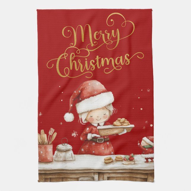 Festive Classic Red Mrs Claus Christmas Baking Kitchen Towel (Vertical)