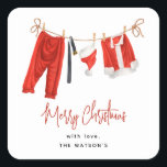 Festive Clothesline Santa Claus Christmas Square Sticker<br><div class="desc">Get ready to spread some holiday cheer with our festive Christmas stickers! Featuring a modern twist on the traditional clothesline,  these stickers are filled with Santa Claus's clothes and personalized with your name. Add a touch of humor to your holiday cards or gift wrapping with these fun designs.</div>