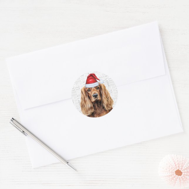 Festive Cocker Spaniel Dog on Woof Art Christmas Classic Round Sticker (Envelope)