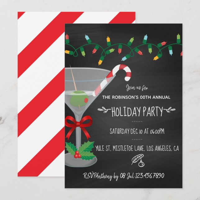 Festive cocktail themed Christmas Chalkboard Party Invitation (Front/Back)