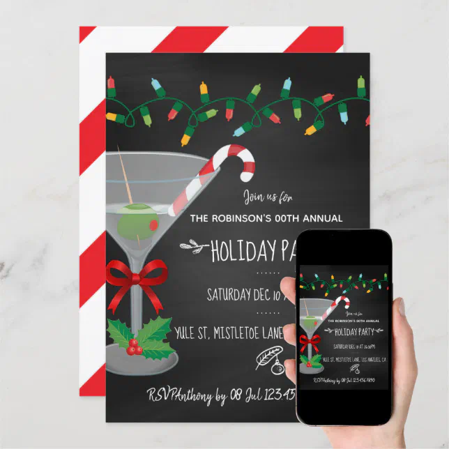 Festive cocktail themed Christmas Chalkboard Party Invitation | Zazzle