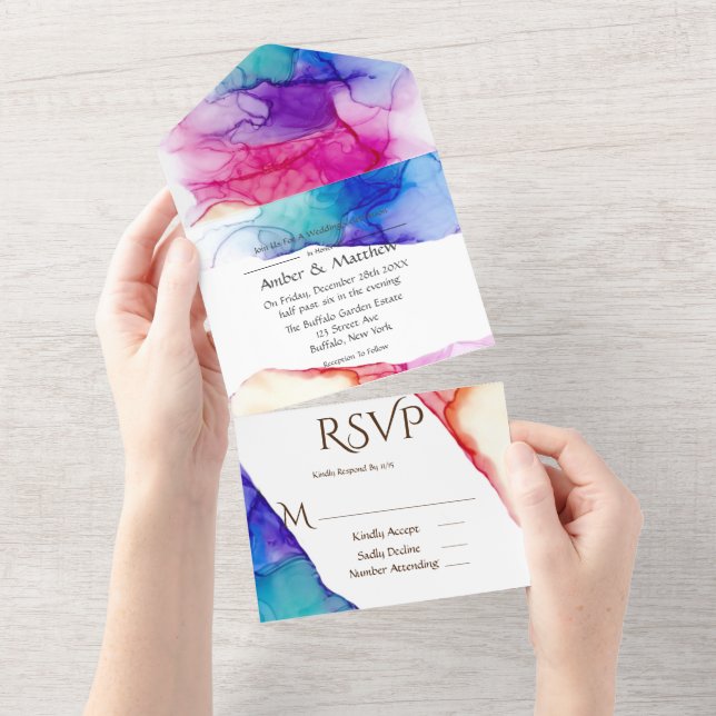 Festive Colorful Alcohol Ink Wedding  All In One Invitation (Tearaway)
