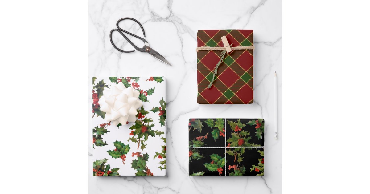 Classic bold holiday plaid and stars hunter green wrapping paper sheets, Zazzle